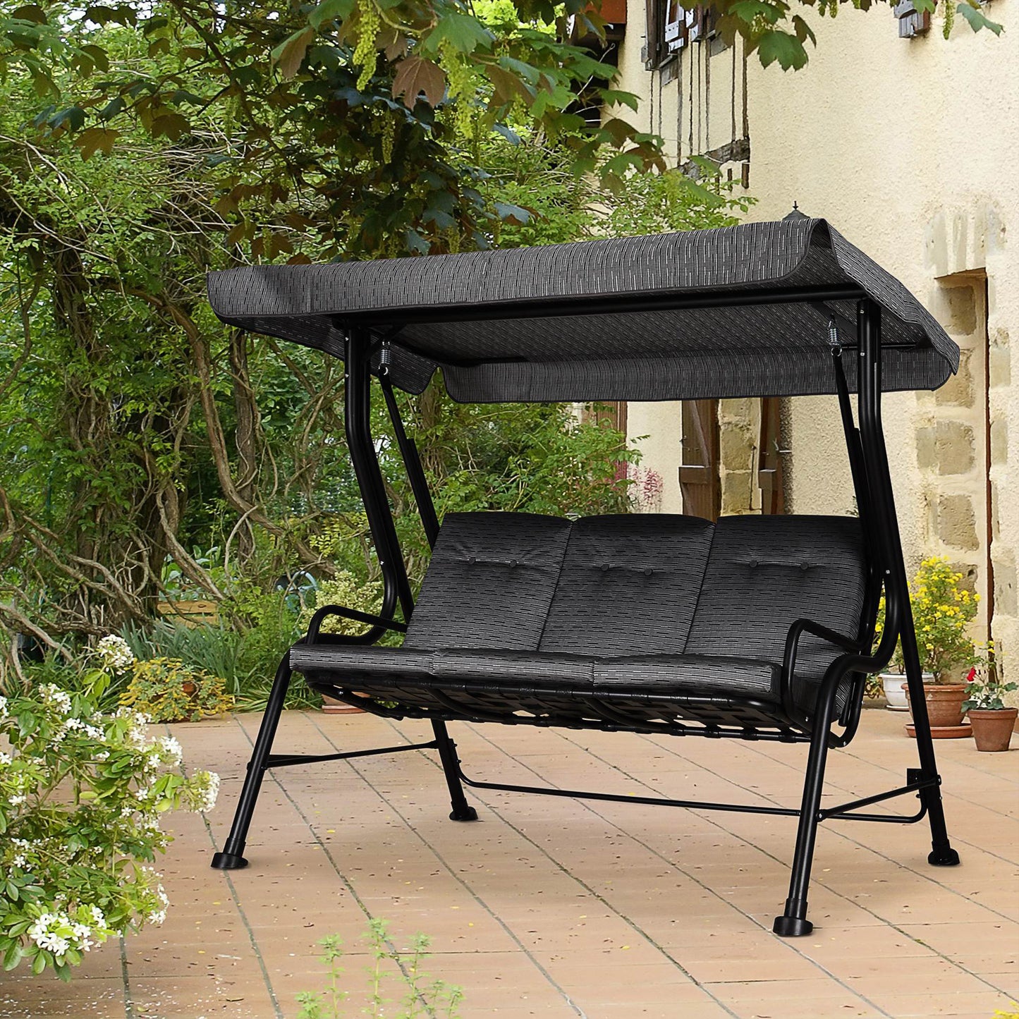 3-Person Patio Swing Chair with Canopy 3 Seater Porch Swing for Garden, Backyard, Poolside, Light Grey