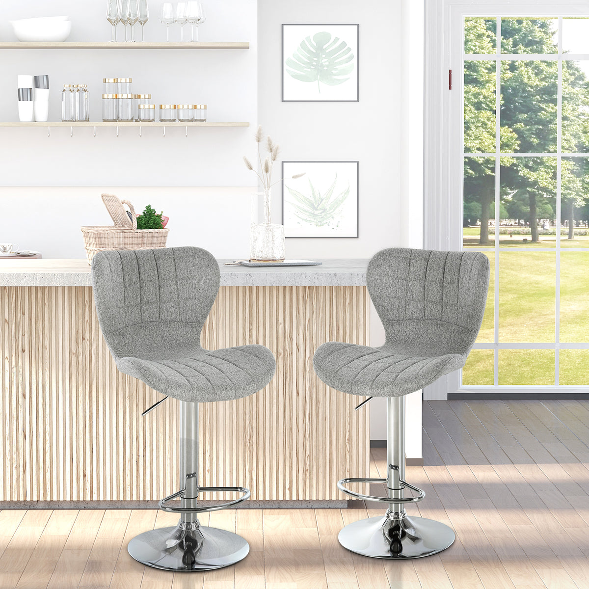 Set of 2 Counter Height Bar Stools Swivel Stool Height Adjustable Bar Chairs with Footrest for Kitchen Dining Home Pub, Grey
