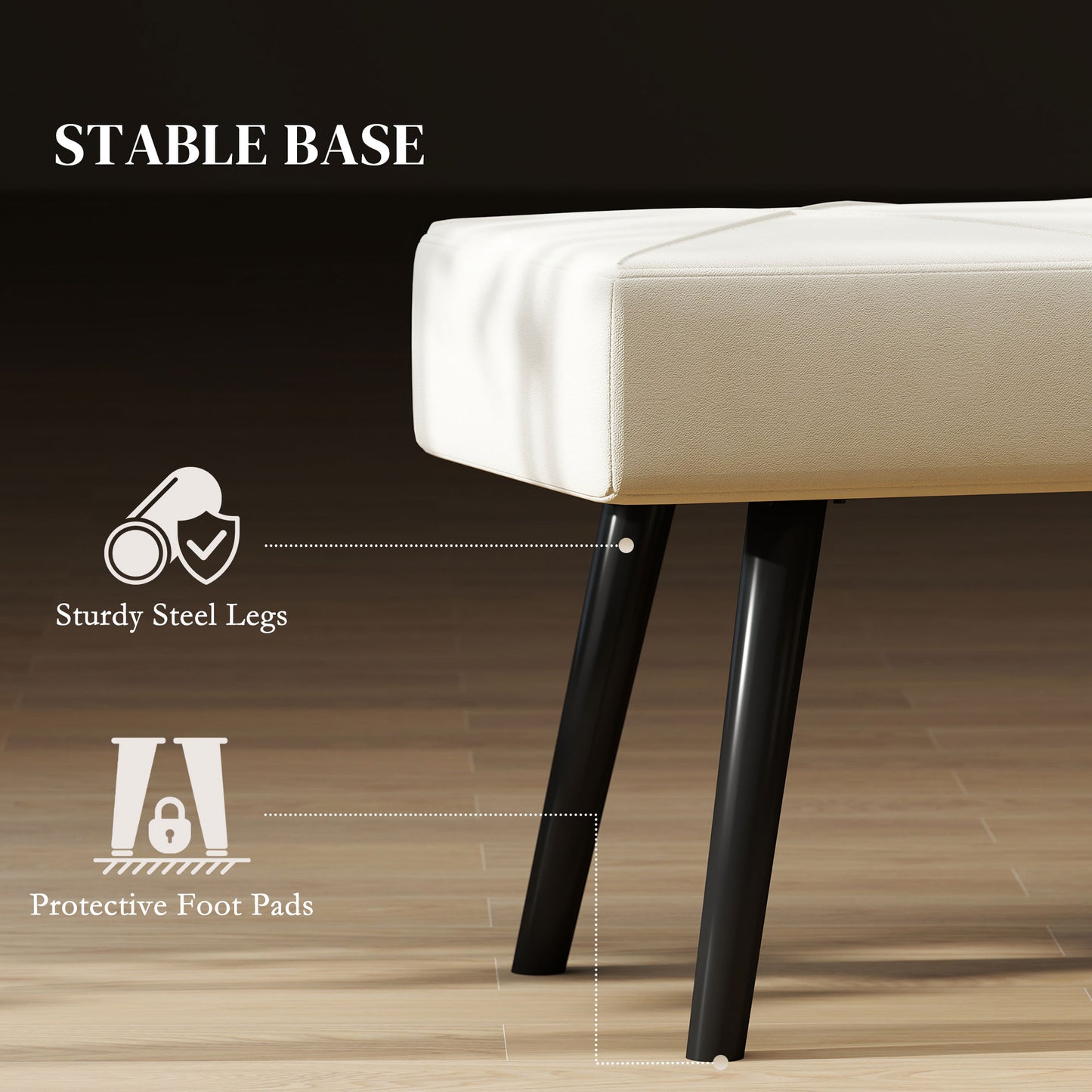 39 Inches Upholstered Bedroom Bench, Modern End of Bed Bench with Steel Legs, Cream White
