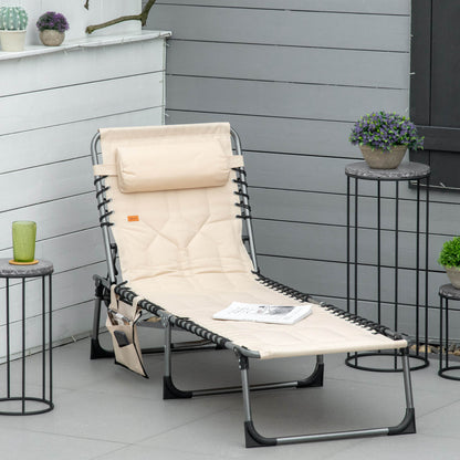 Folding Chaise Lounge Chair, Outdoor Padded Reclining Chair with 5-position Adjustable Backrest, Pillow and Pocket for Patio, Deck, Beach, Lawn and Sunbathing, Black - Beige