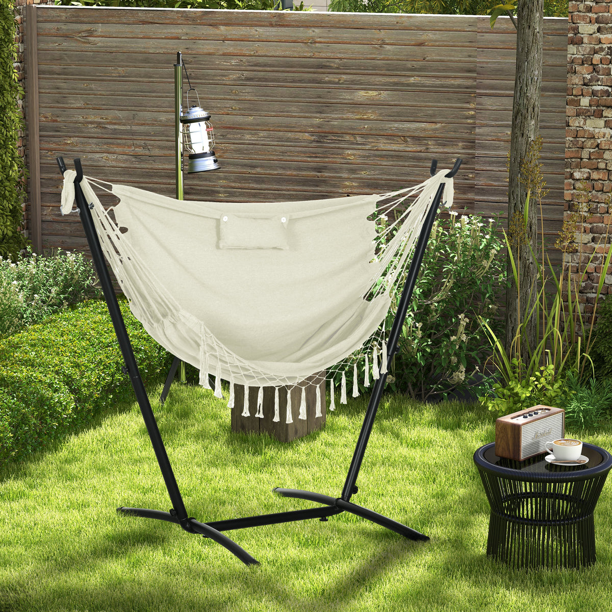 Patio Hammock Chair with Stand, Outdoor Hammock Swing Hanging Lounge Chair with Side Pocket and Headrest, Cream