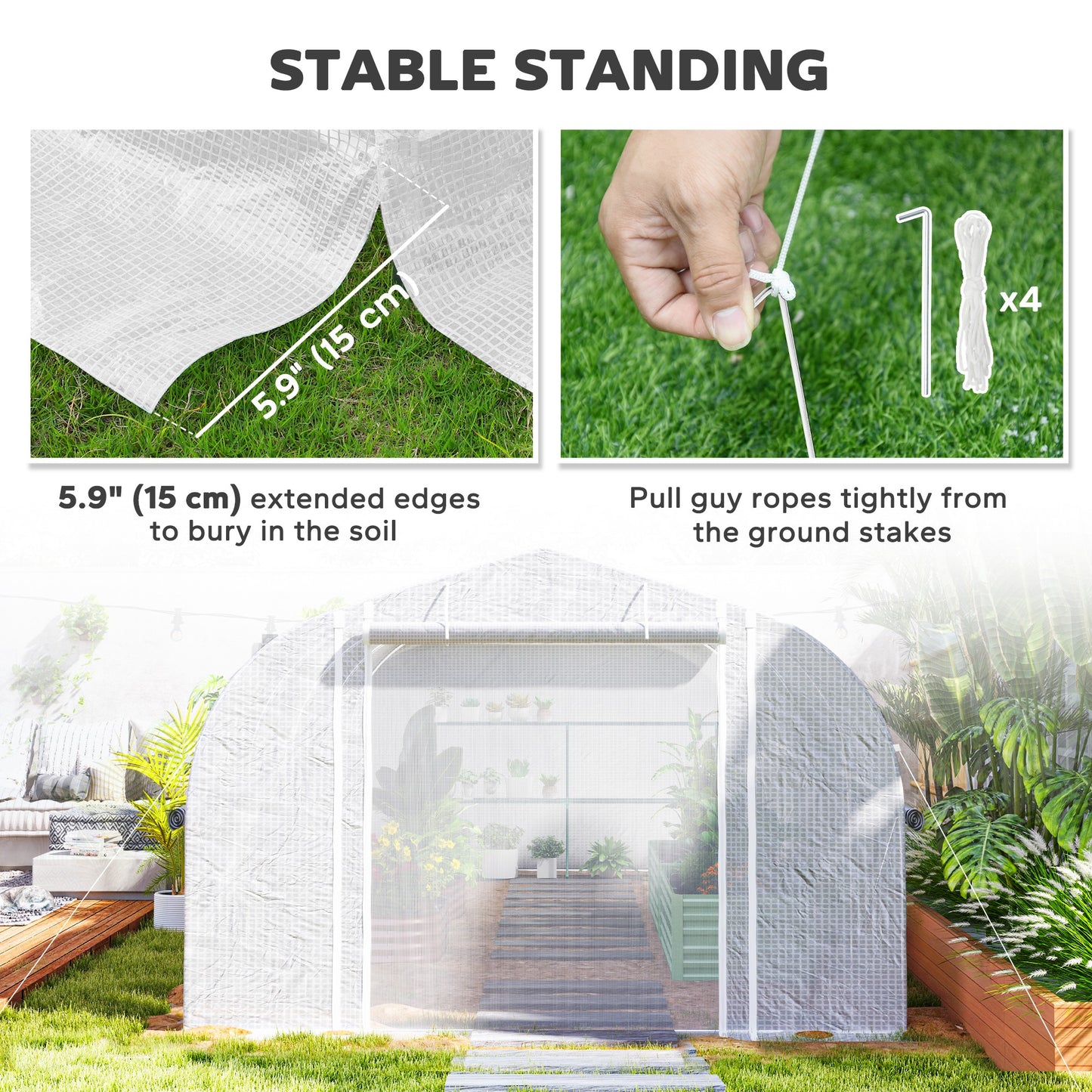 19.5' x 10' x 6.6' Tunnel Greenhouse Outdoor Green House with Roll-up Mesh Sidewalls, Mesh Door, Galvanized Steel, Wind Resistant, White