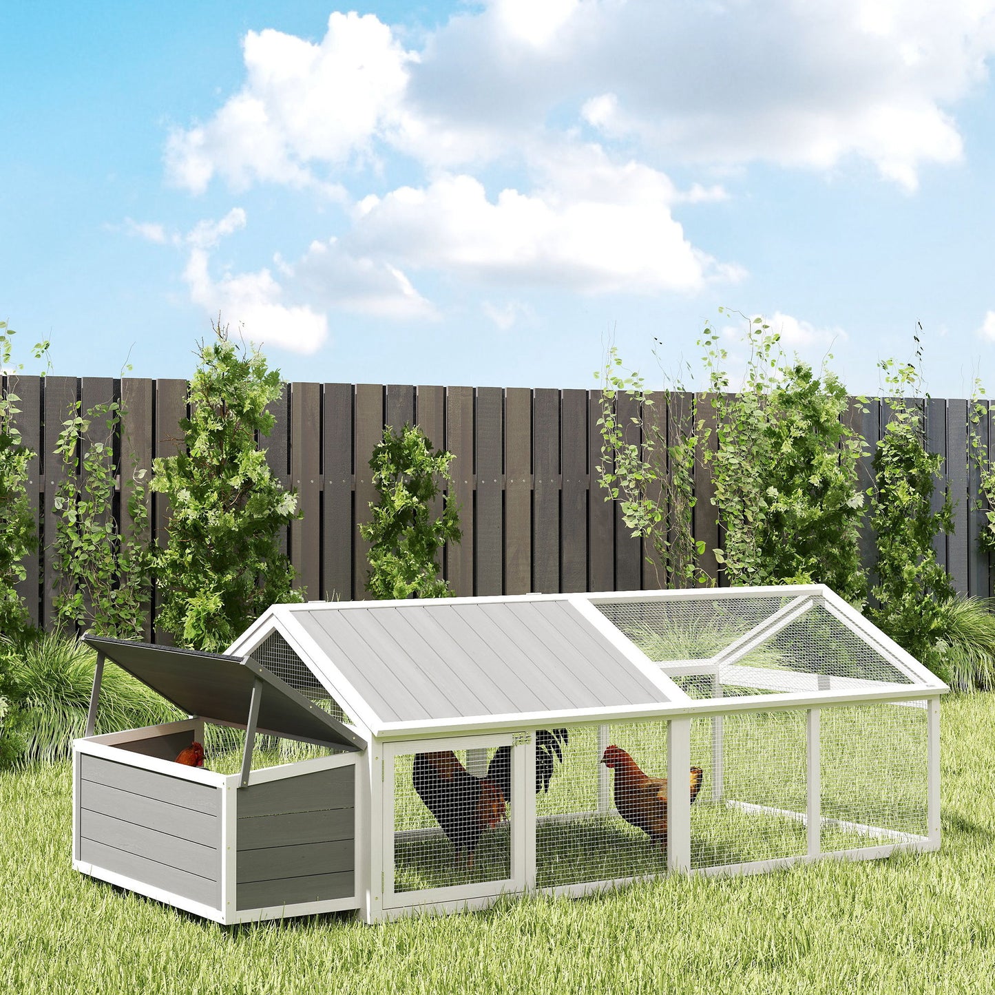 95"L Chicken Run Large Chicken Coop with Nesting Box Wooden Roof Side Door for Outdoor 4–8 Chickens