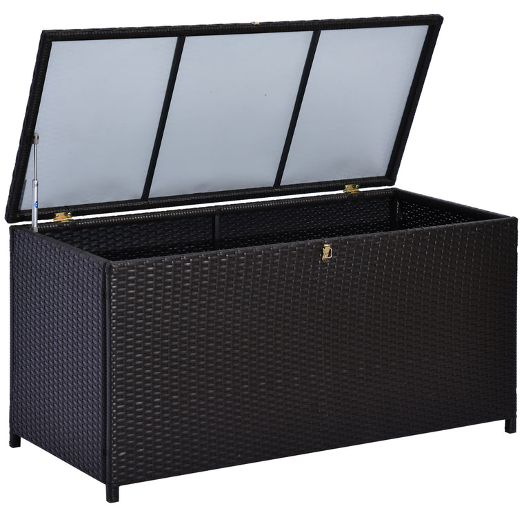 75 Gallon Rattan Deck Box with Gas Strut and Clamp Lid