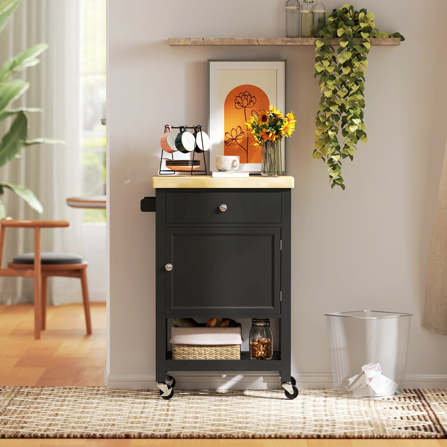 Kitchen Island on Wheels, Rolling Kitchen Cart with Wood Top, Towel Rack, Drawer and Shelf for Dining Area, Black