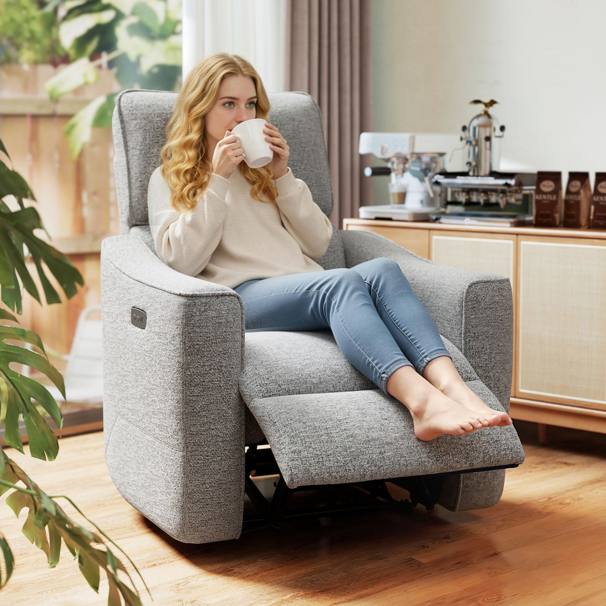Power Recliner Chair, Chenille Upholstered Recliner Chair with USB Ports, Footrest, Grey