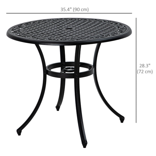 35.5" Round Outdoor Dining Table for 2-4, Cast Aluminum Garden Patio Table with 2" Umbrella Hole, Grid Top, Black