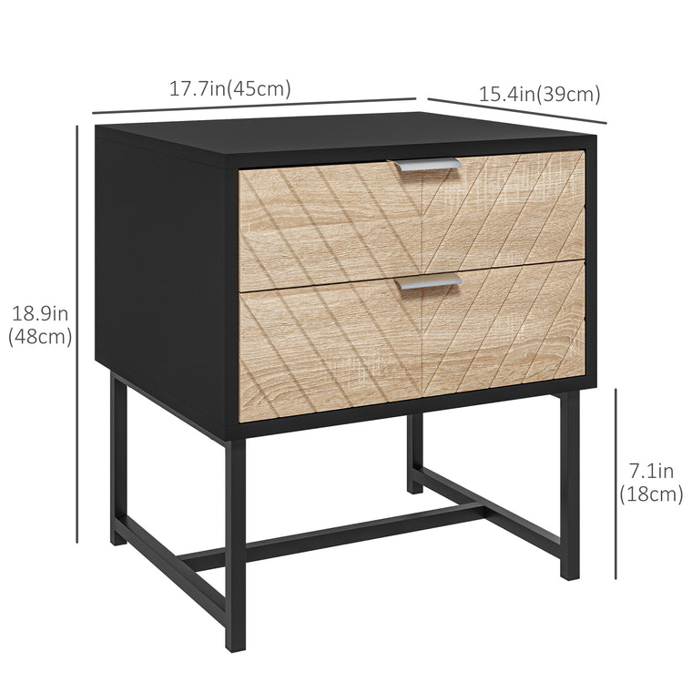 Bedside Table with 2 Drawers and Steel Frame - Black and Oak