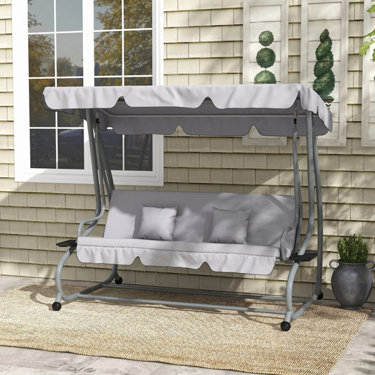 Outdoor 3-Seater Patio Swing Chair, Outdoor Swing Seat, with Adjustable Canopy and Two Pillows for Garden, Light Grey - Light Grey