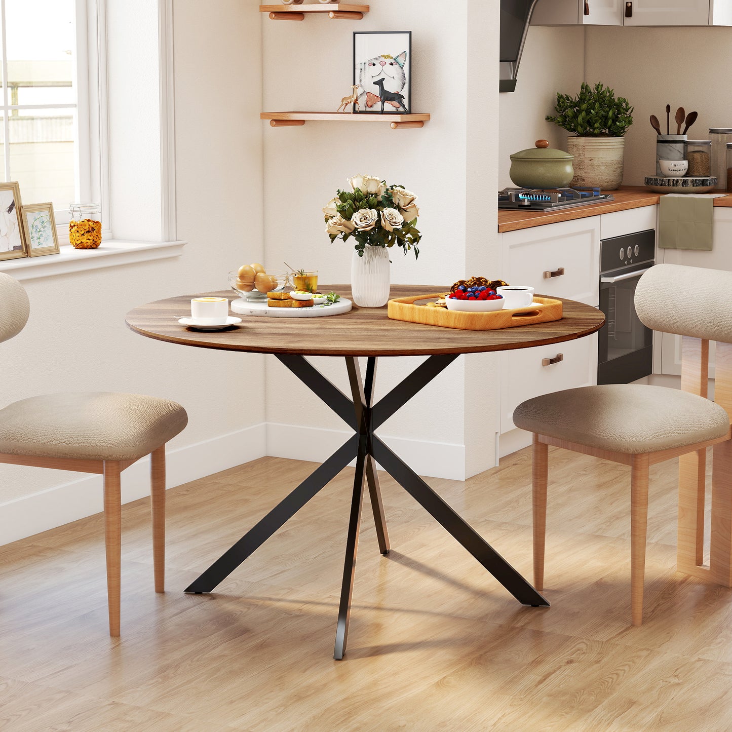 47" Round Kitchen Table for 4, Industrial Dining Table with Steel Legs for Dining Room, Dark Brown and Black