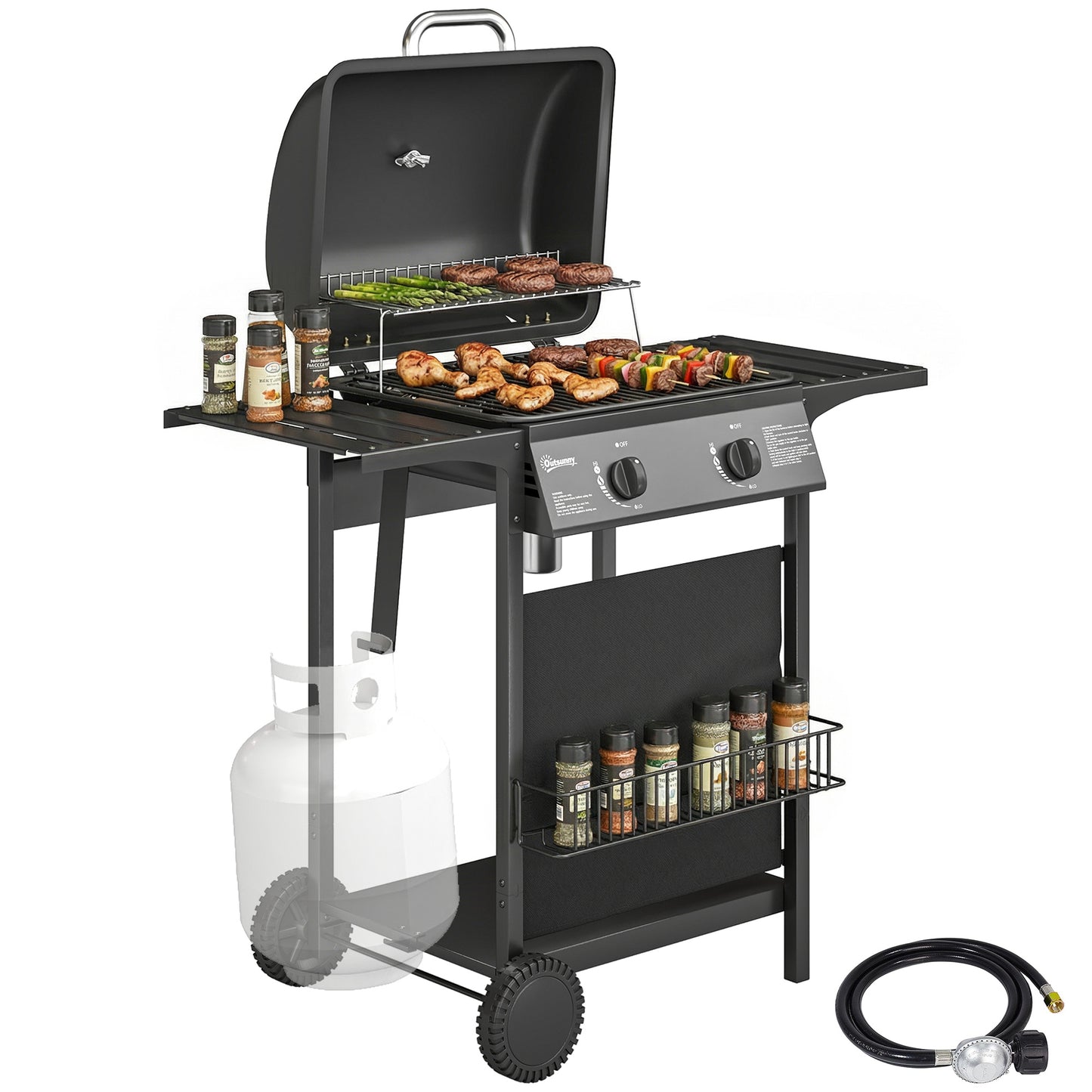 2-Burner Propane Gas Grill, 18000 BTU BBQ Grill with Wheels, Warming Rack, Shelf, Thermometer, Grease Cup, Black
