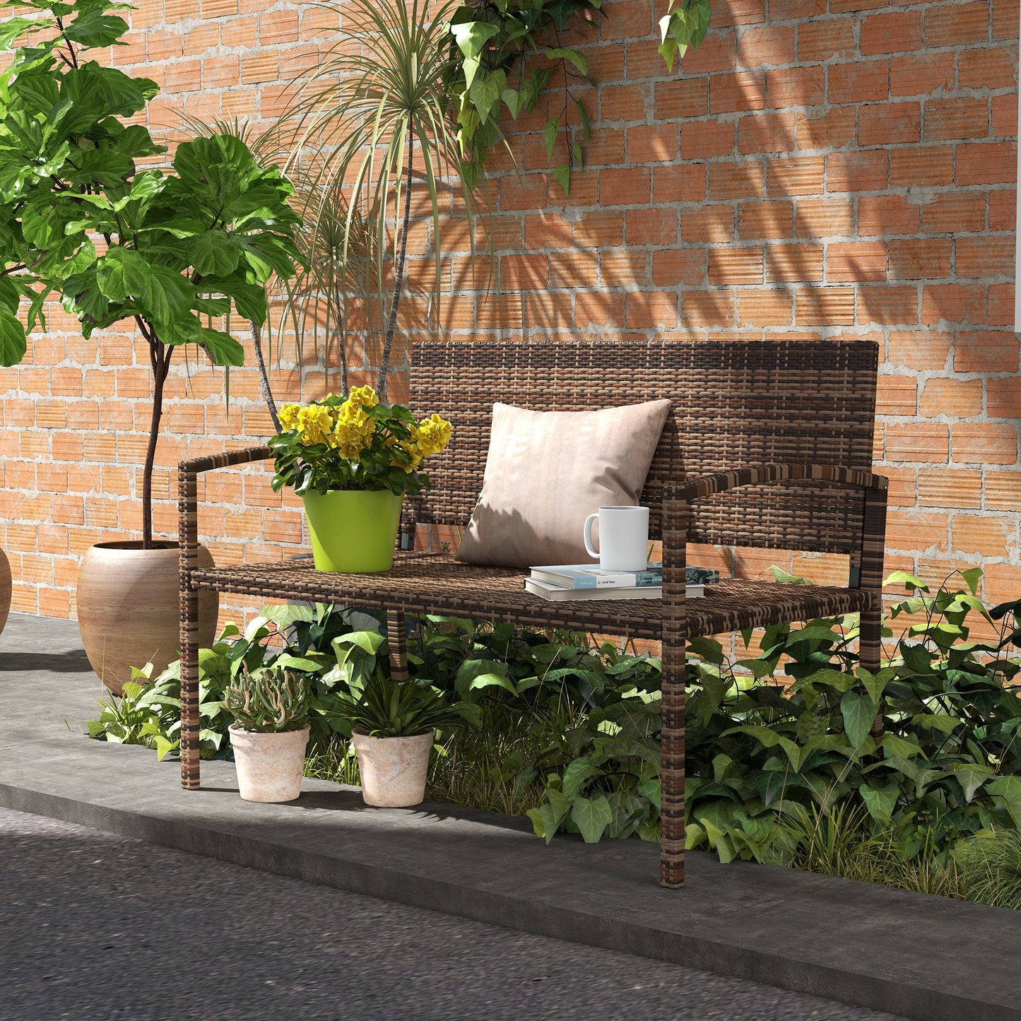 Rattan Wicker Loveseat Garden Furniture Leisure Chair with Armrests Brown