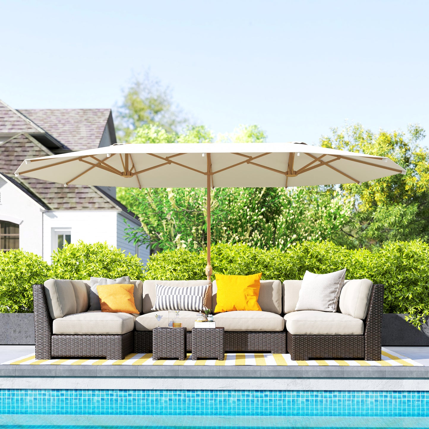 179.1" x 104.3" Beige Double Garden Parasol with 12 Steel Ribs