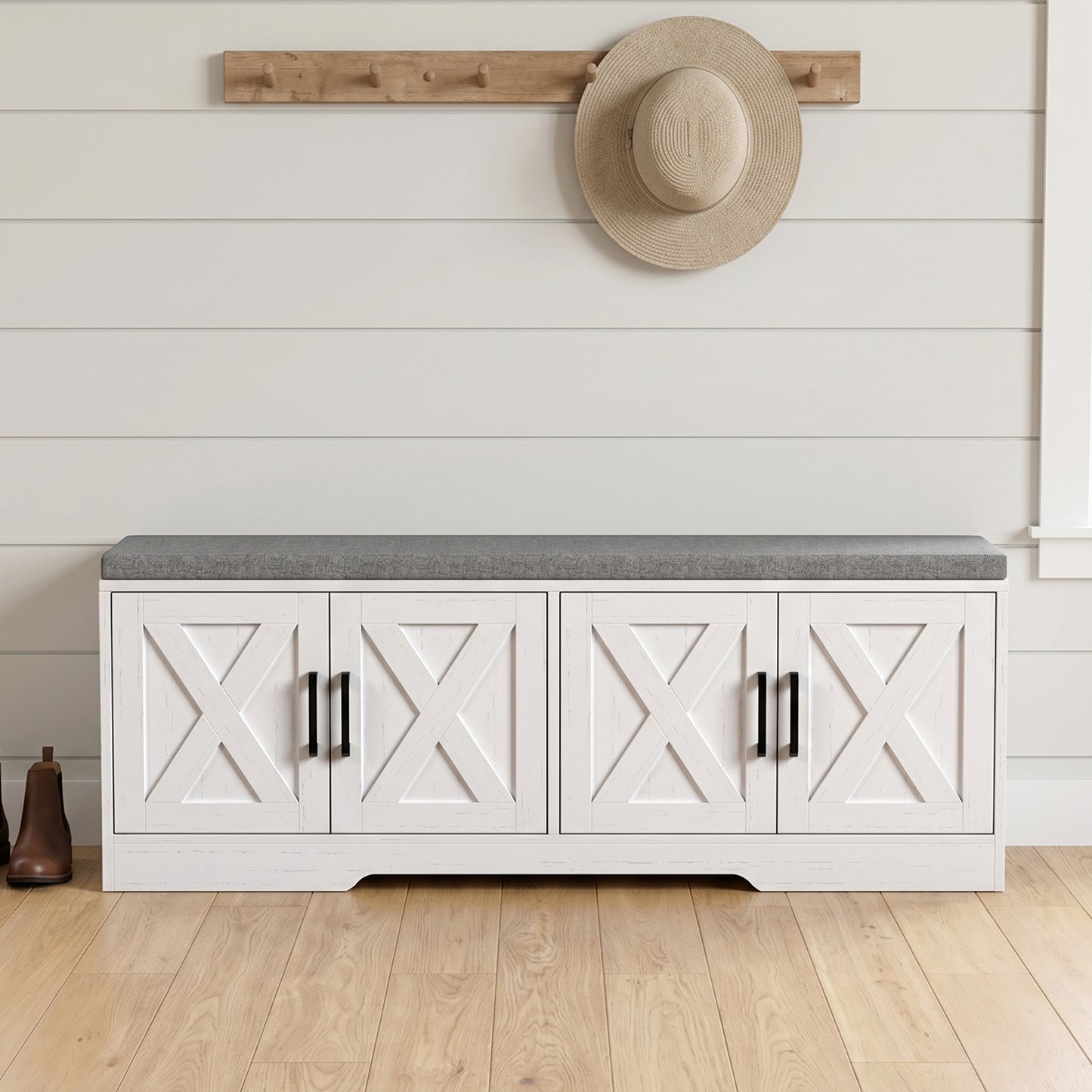 Shoe Bench with Cushion Shoe Storage Bench with Doors Adjustable Shelves for Entryway, White