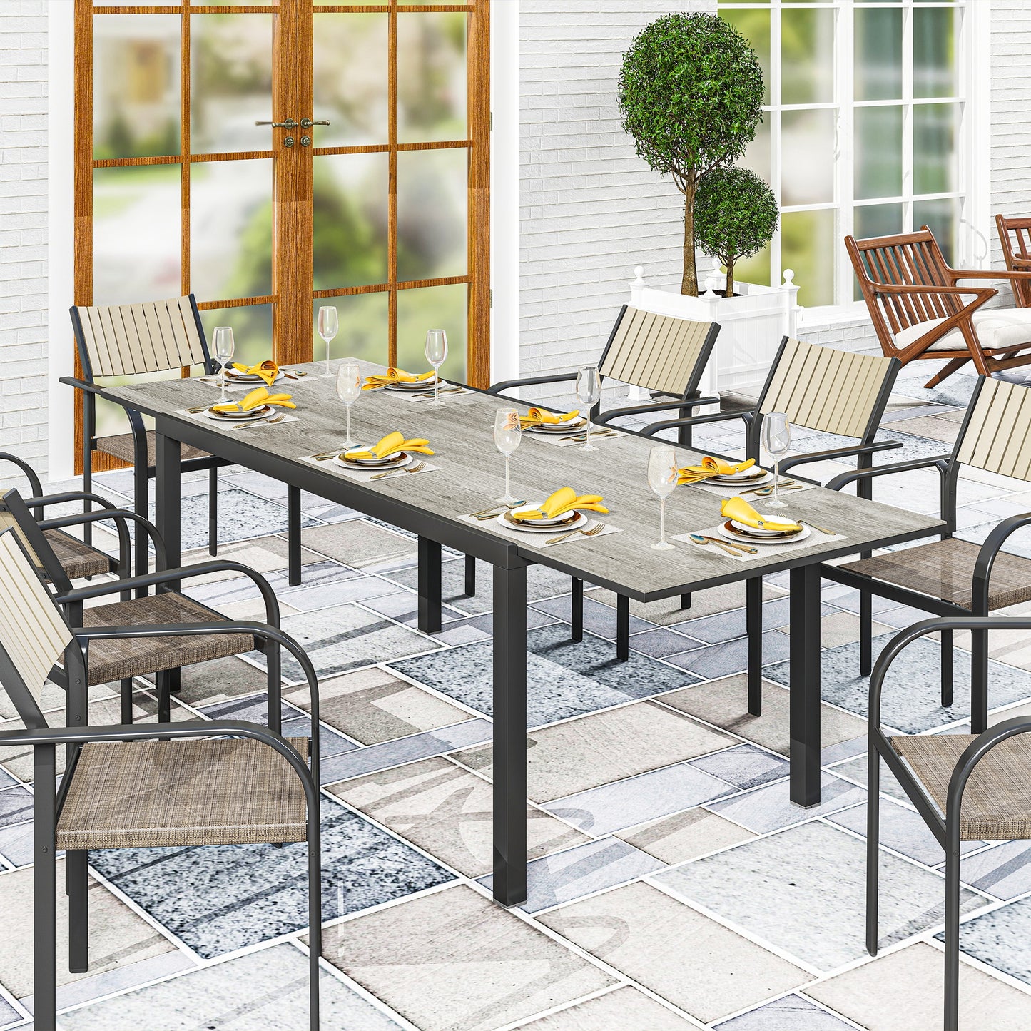 63"-94.5" Extendable Patio Dining Table for 6-8 Person, Outdoor Dining Table with Aluminium Edging, Steel Frame, Grey - Grey