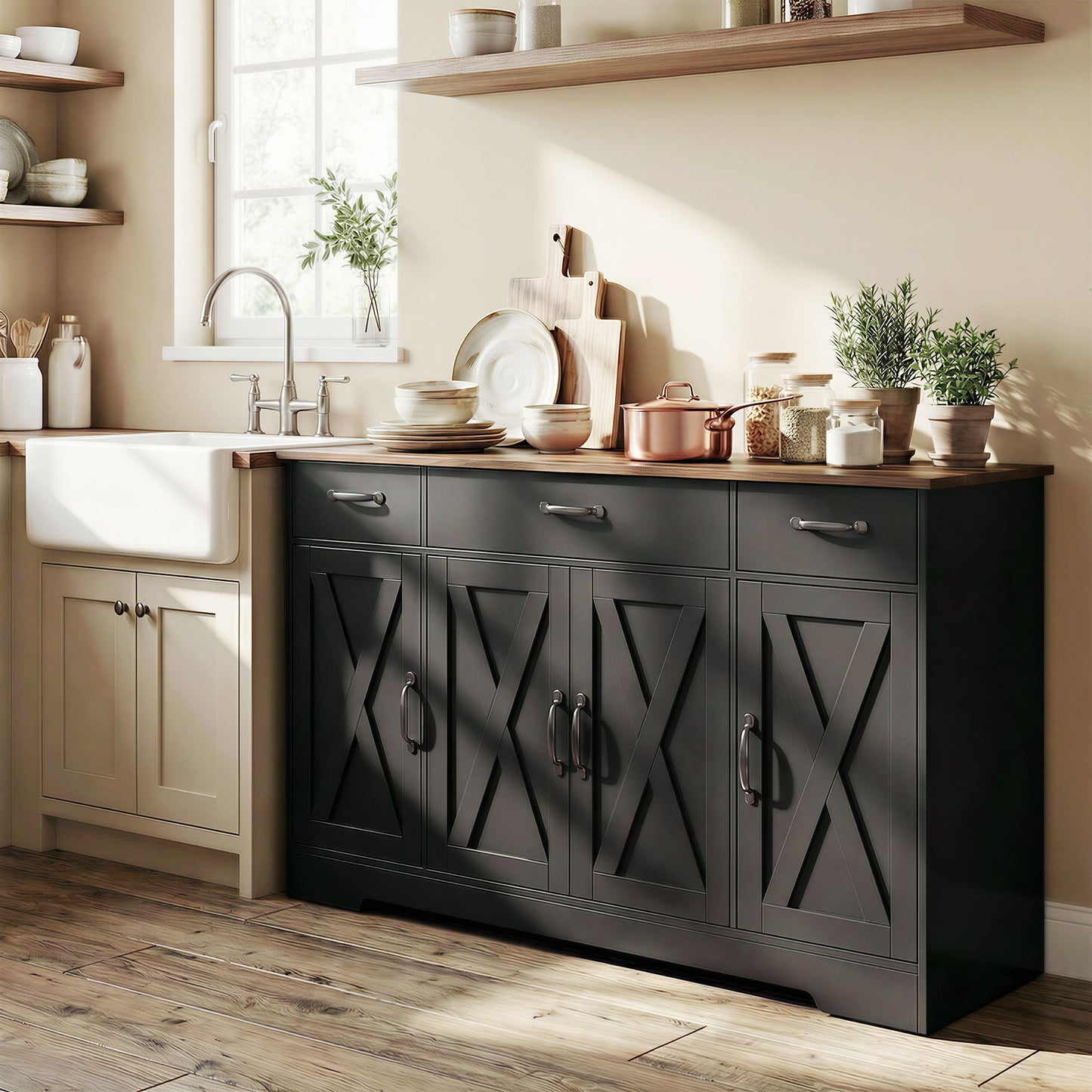 Sideboard Buffet Cabinet, 55" Farmhouse Kitchen Cabinet with 4 Barn Doors, 3 Drawers, 3 Adjustable Shelves, Black