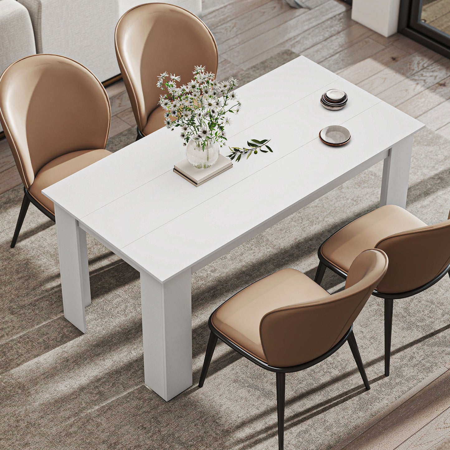 63" Kitchen Table for 4-6 People, Dining Table with Wood Effect for Dining Room, White