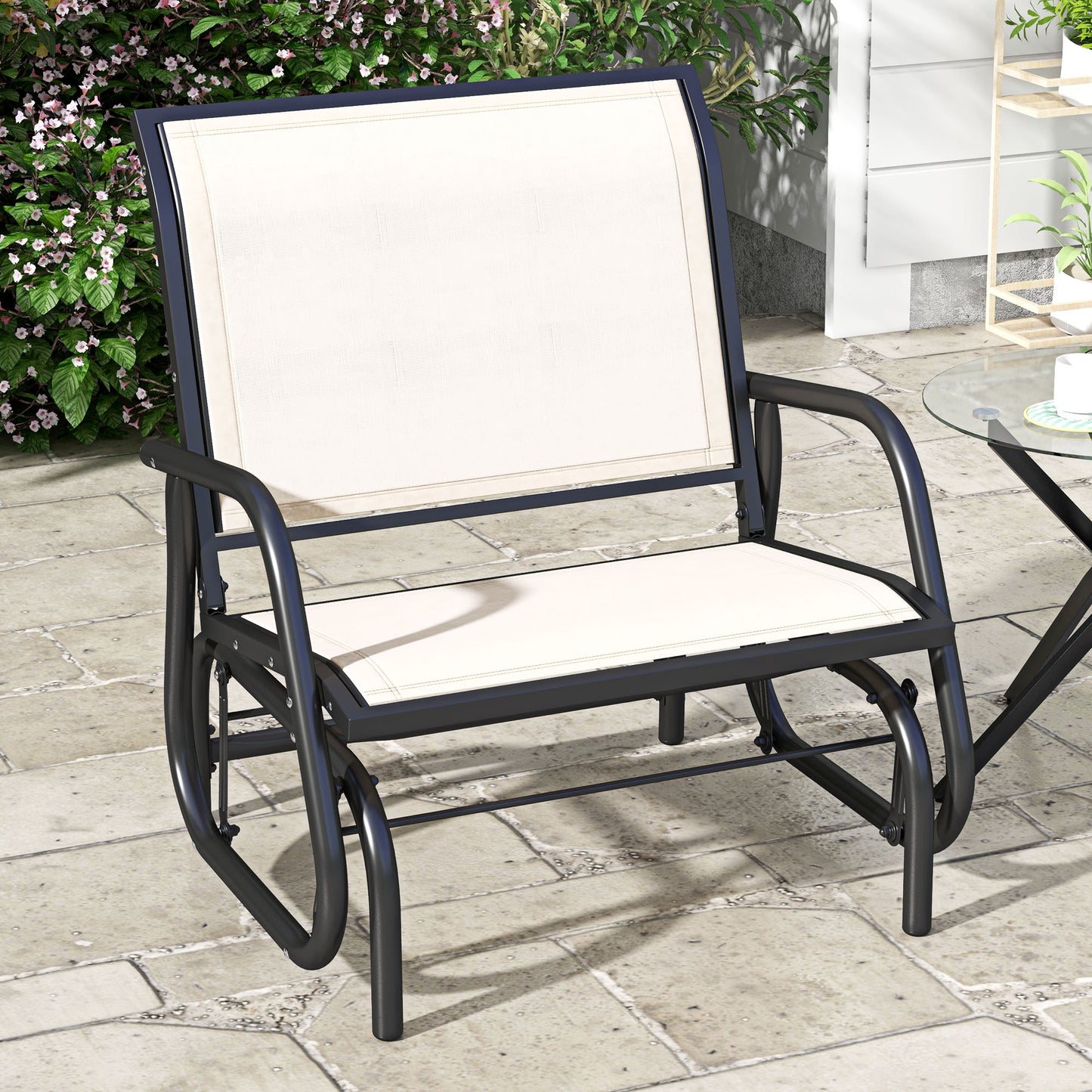 Patio Glider Outdoor Glider Chair with Breathable Mesh Seat & Backrest, Armrests and Metal Frame, Cream White - Cream White