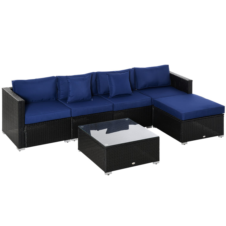 Black & Dark Blue 6-Piece Rattan Sofa Set with Cushions