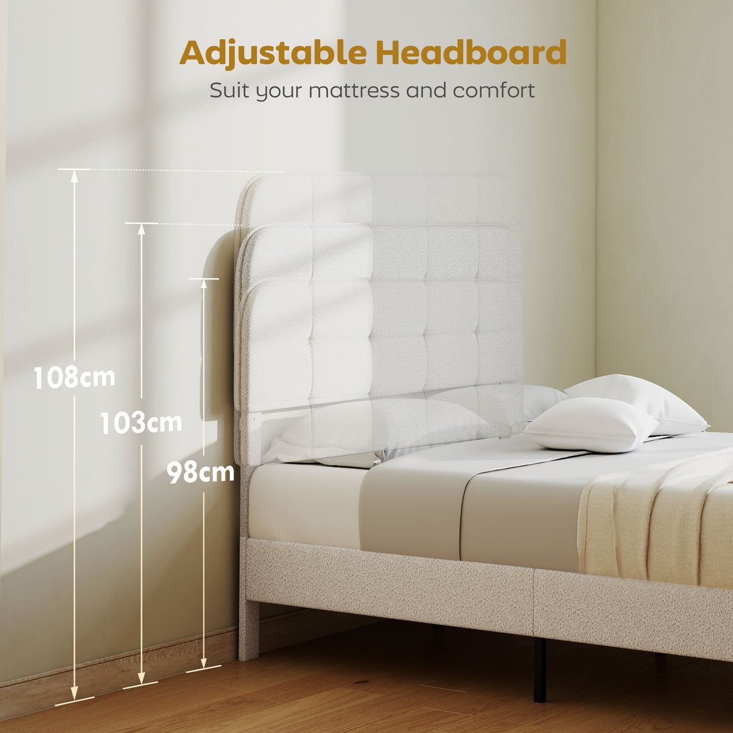 Queen Size Bed Frame with Adjustable Headboard Upholstered Platform Bed Frame with Wood Slat Support Noise Free White