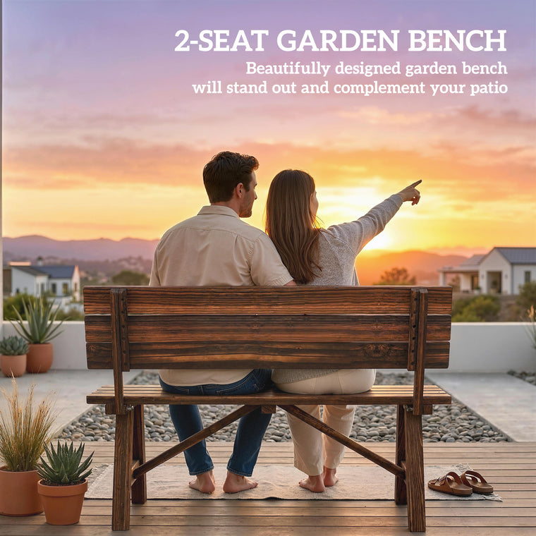 Carbonized Wood Garden Bench, 2-Person Loveseat