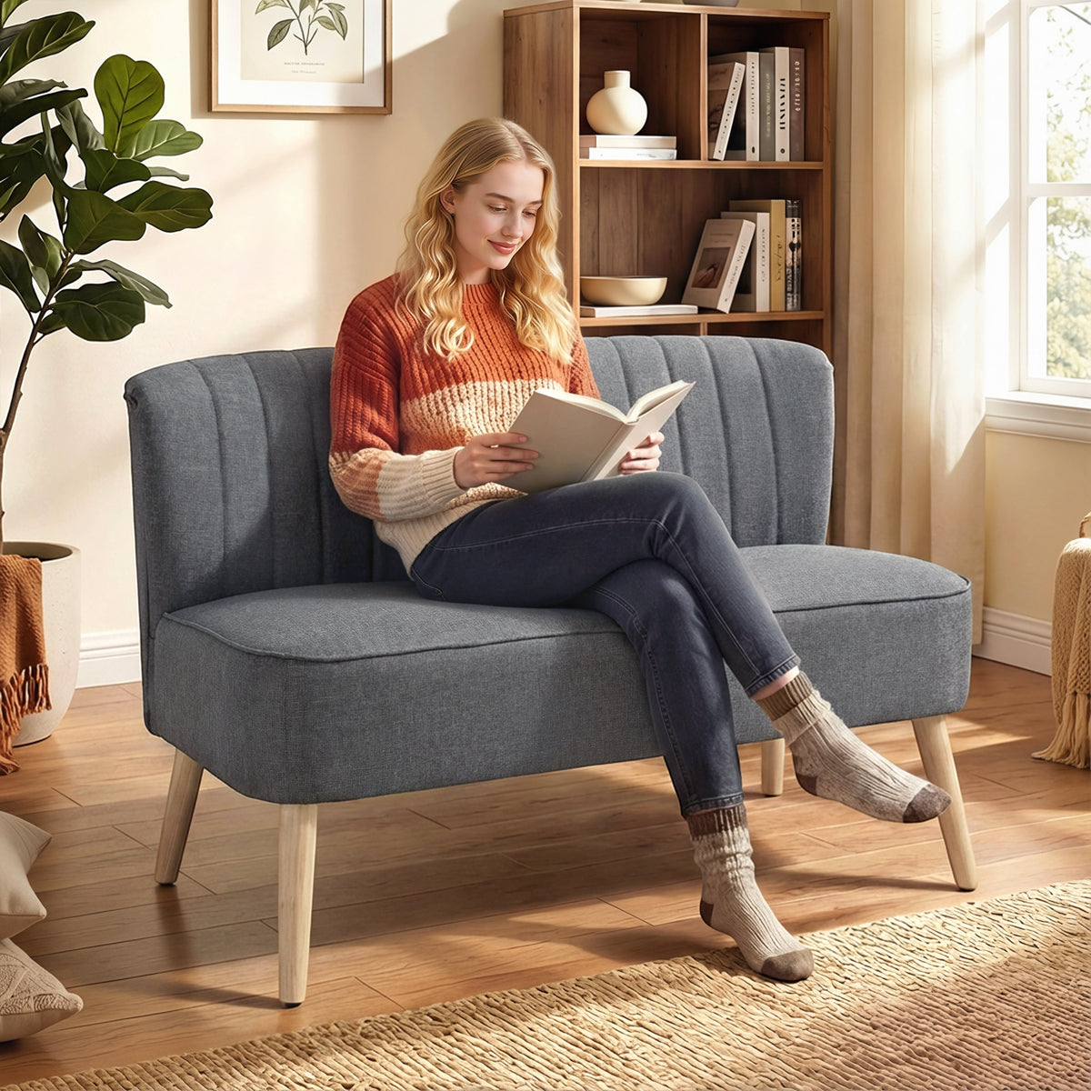 Modern 2 Seater Sofa, Upholstered Two Seater Couch with Rubber Wood Legs, Grey