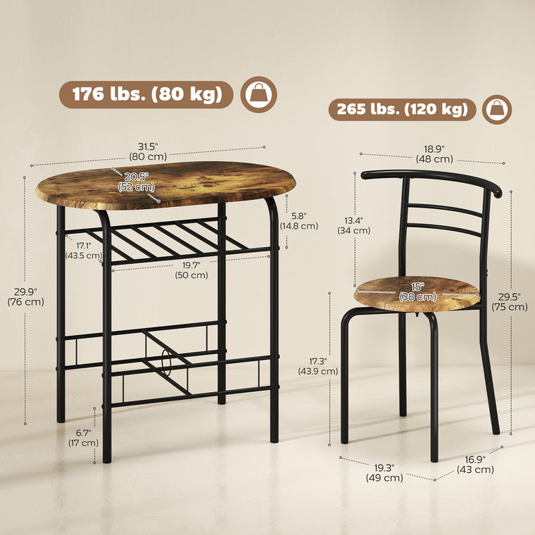 3-Piece Dining Table Set for 2 with Shelf - Rustic Brown