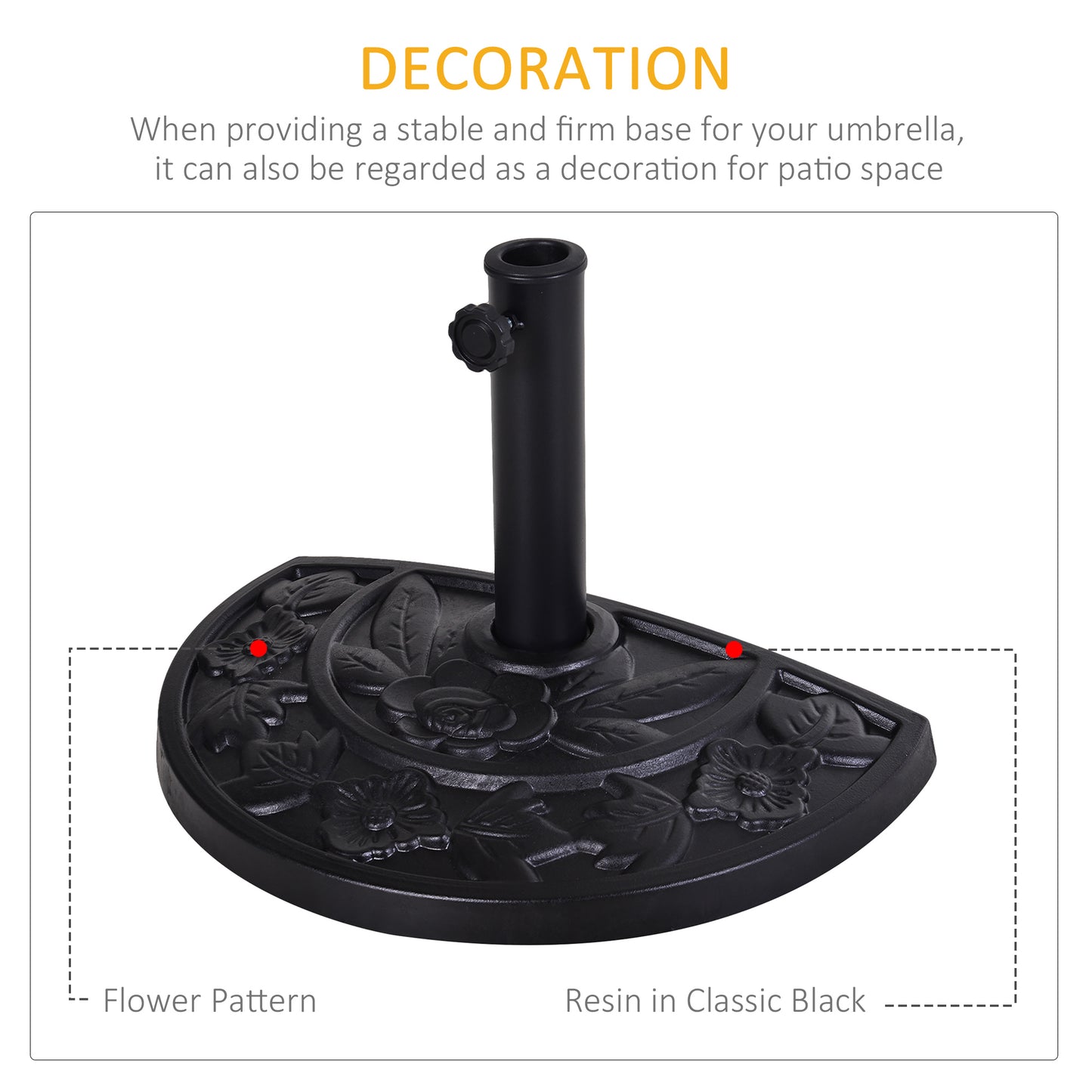 20 lbs Resin Half Round Patio Umbrella Base 20" Outdoor Decorative Parasol Stand Holder For Φ1.5", Φ1.9" Pole, Black