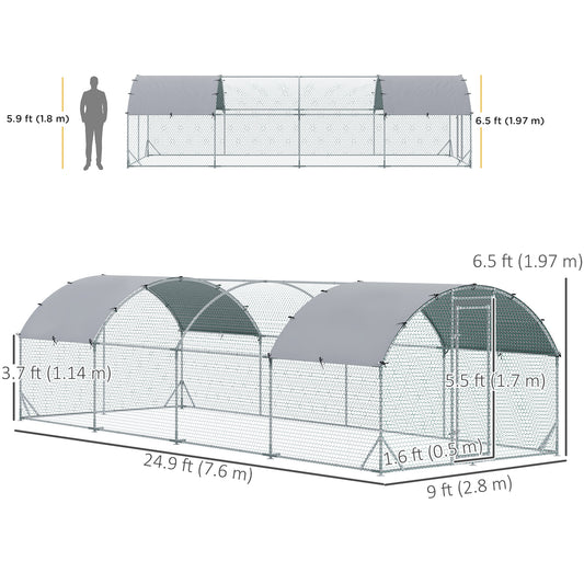 Galvanized Large Metal Chicken Coop Cage Walk-in Enclosure Poultry Hen Run House Playpen Rabbit Hutch with Cover for Outdoor Backyard 9.2' x 24.9' x 6.5' Silver