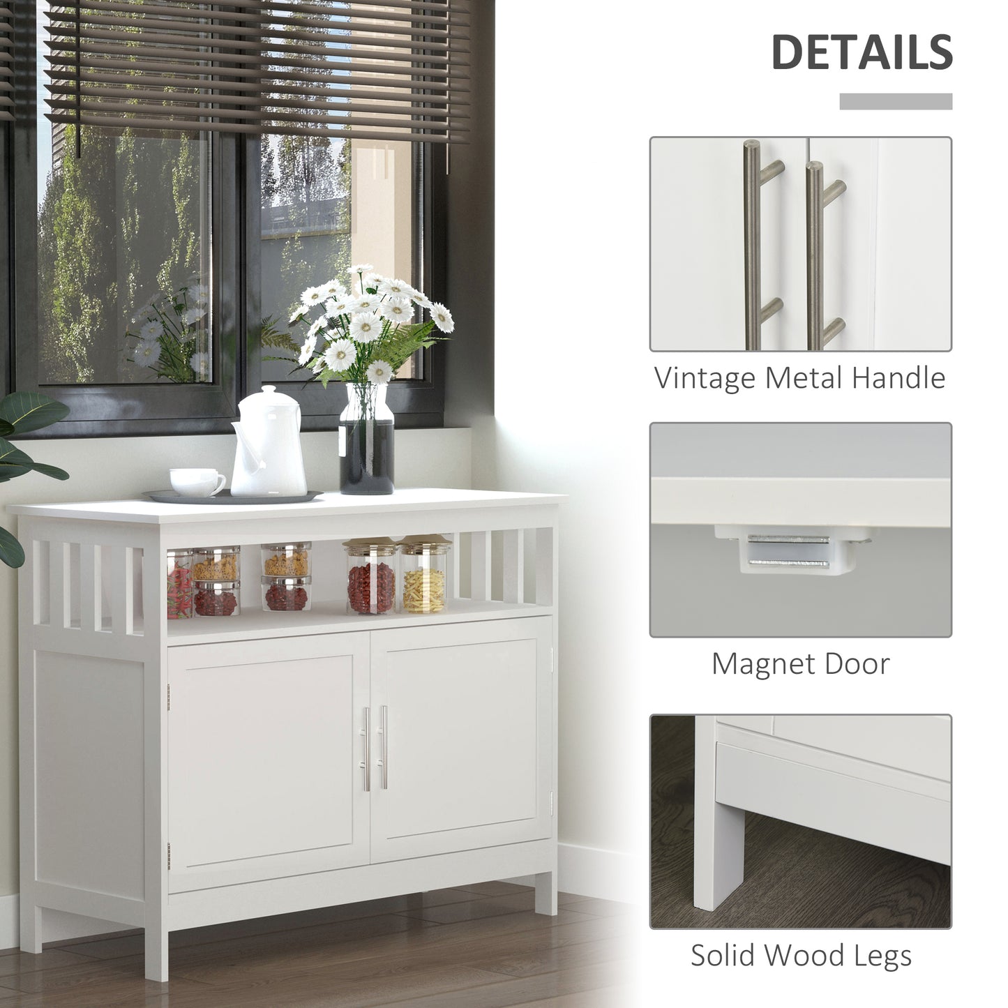 Wooden Sideboard Buffet Cabinet with Open Shelf and 2-Door Storage, White