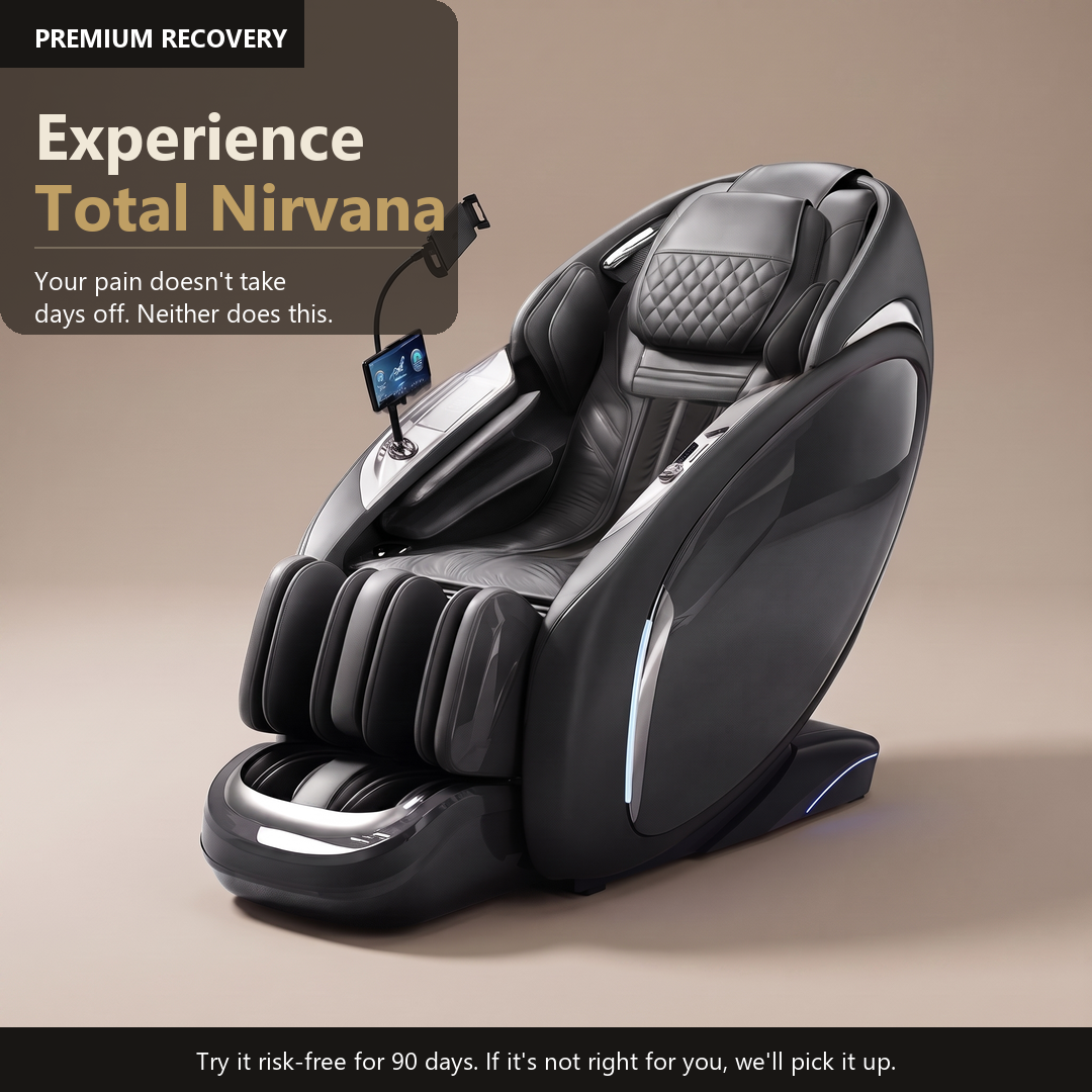 Nirvana Leather Heated Massage Chair in black leather, three-quarter view