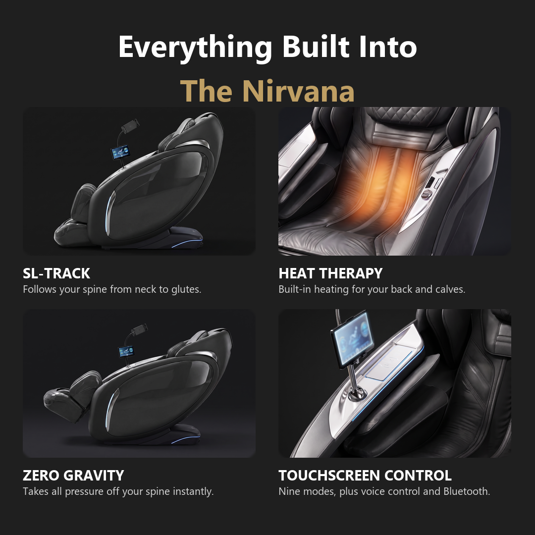 Nirvana massage chair features: SL-track, heat therapy, zero gravity, touchscreen