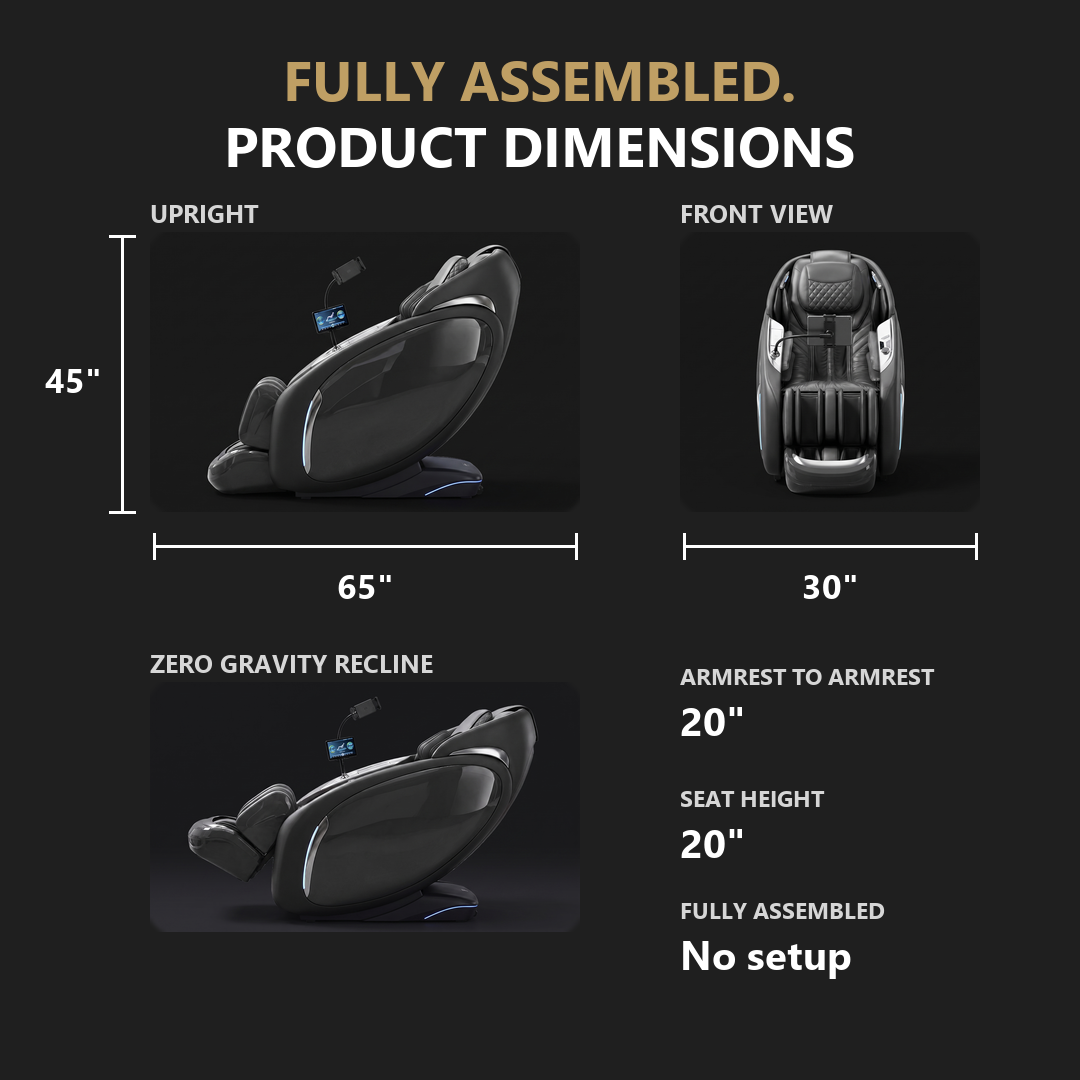 Nirvana massage chair product dimensions - 65 inches deep, 45 inches high, 30 inches wide