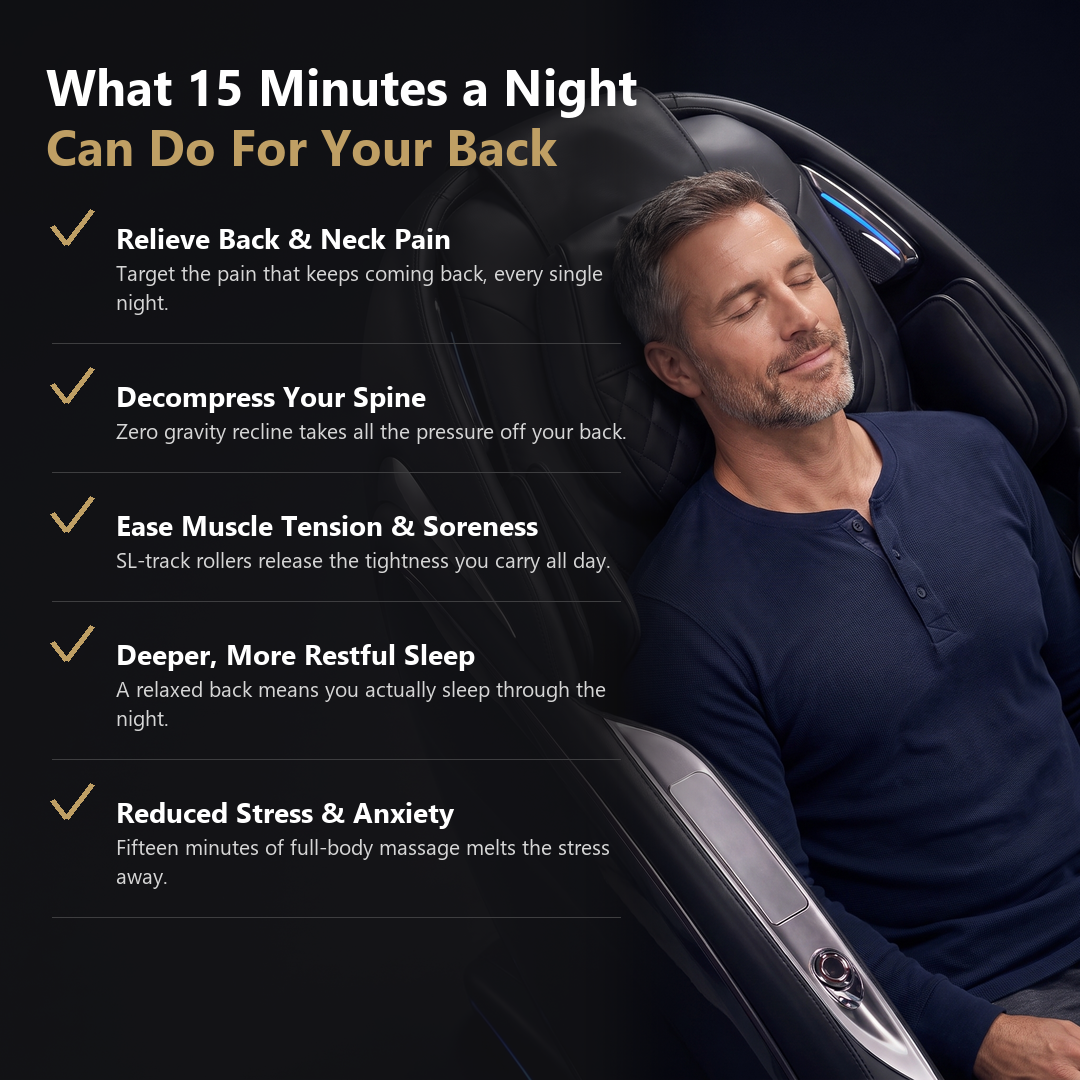 Man relaxing in the Nirvana massage chair - back pain relief benefits