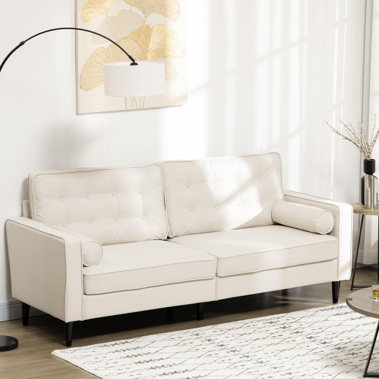 Mid-Century Sofa, Couch with Button-Tufted Back Cushion, Linen Feel Fabric Upholstery, 2 Cylindrical Pillows and Rubber Wood Legs for Living Room, Cream White