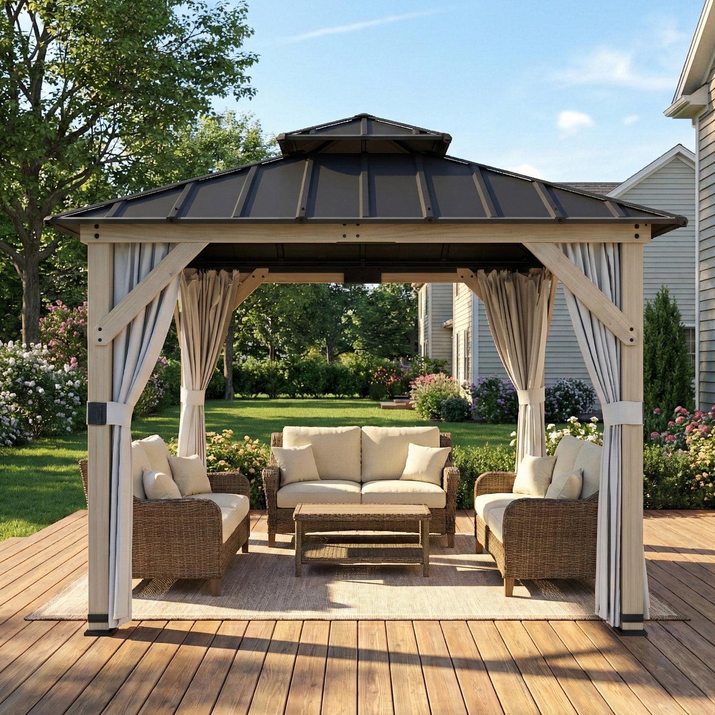 10 x 10 Hardtop Gazebo with Curtains, Wood Patio Gazebo with Double Steel Roof, Hook, Light Grey