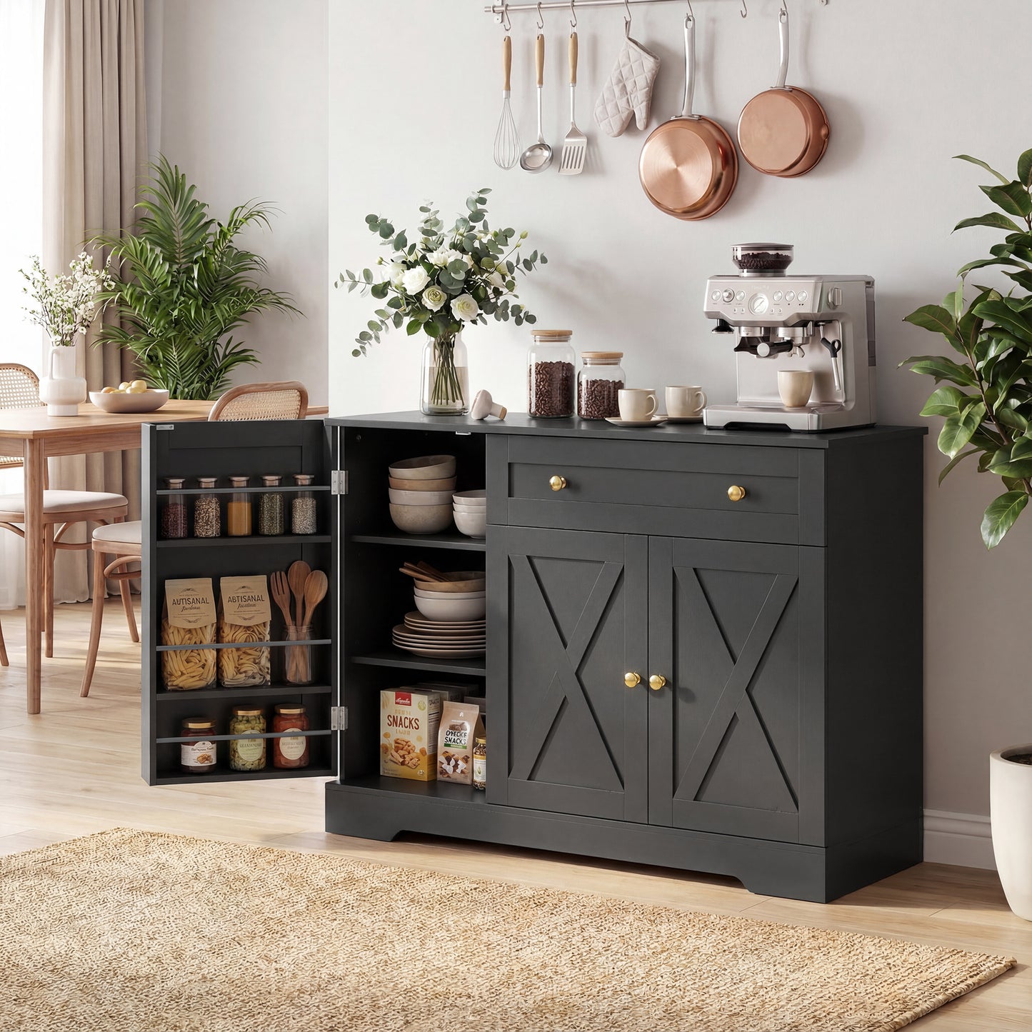 Sideboard Buffet Cabinet, Farmhouse Coffee Bar Cabinet with Door Shelves, Adjustable Shelves, Drawer, Barn Doors, Black