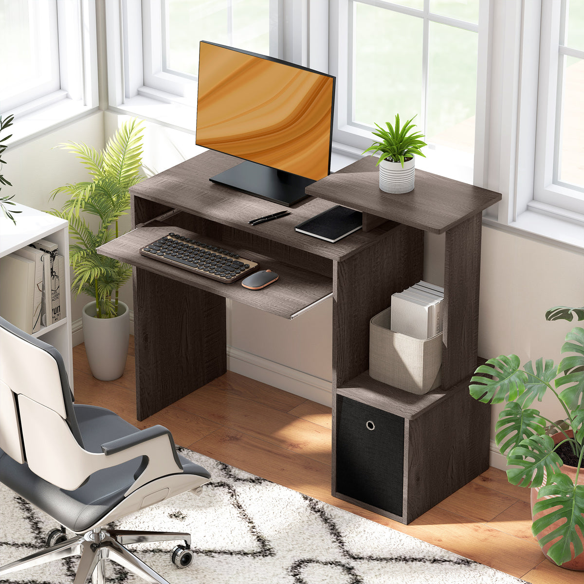 Computer Desk with Sliding Keyboard Tray Storage Drawer Shelf Home Office Workstation Grey