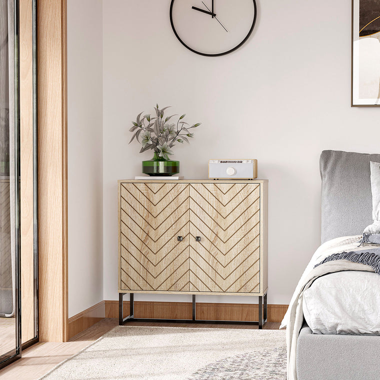 Sideboard Buffet with Chevron Doors and Steel Base - Oak