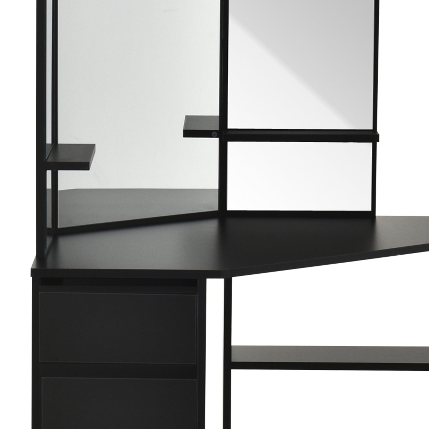 Corner Vanity Desk with Mirror, Makeup Vanity Table with 5 Drawers and Open Shelves, Dressing Table with 3-piece Mirror for Bedroom, Black