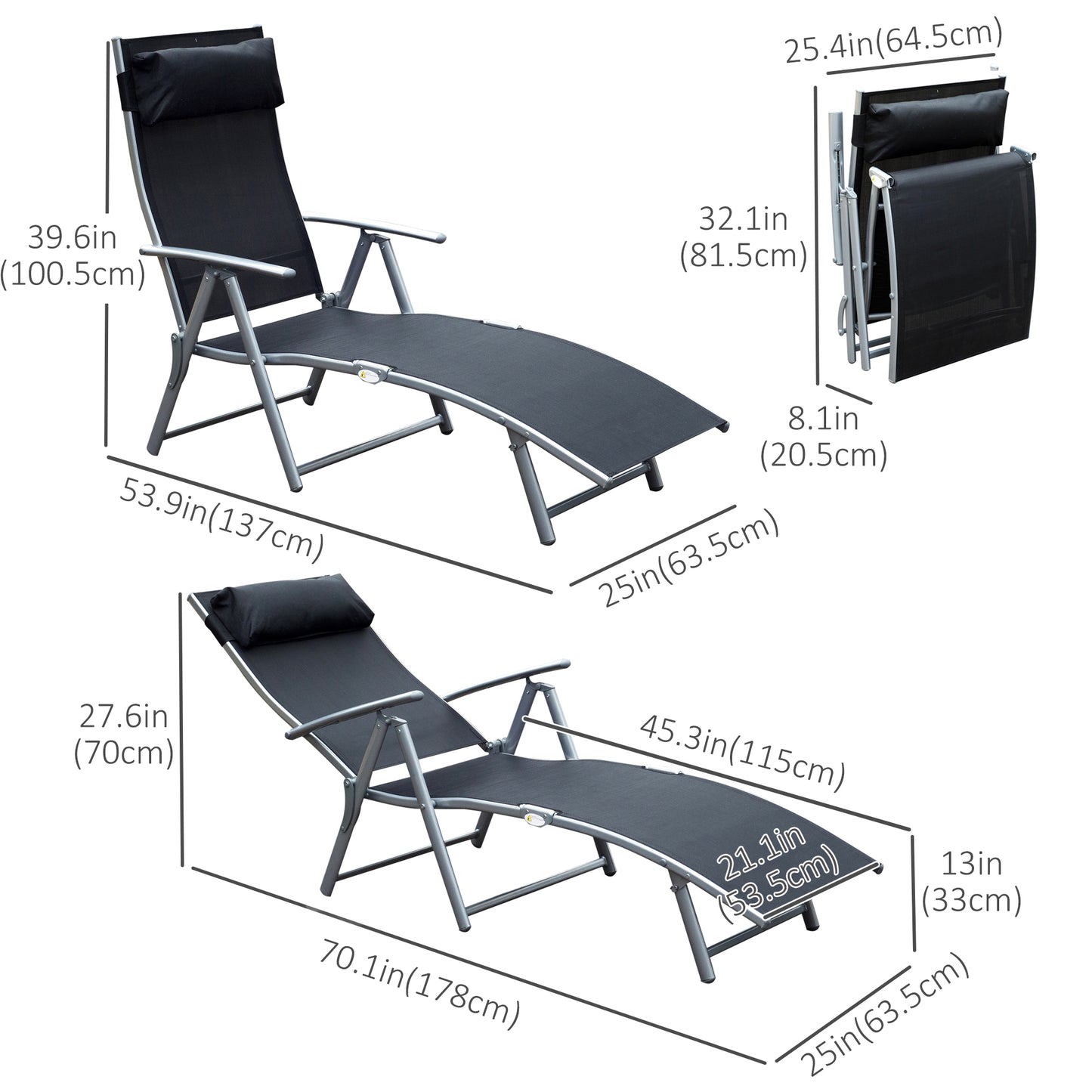 Outdoor Folding Chaise Lounge Chair Steel Portable Recliner with 7 Adjustable Backrest Positions, Red
