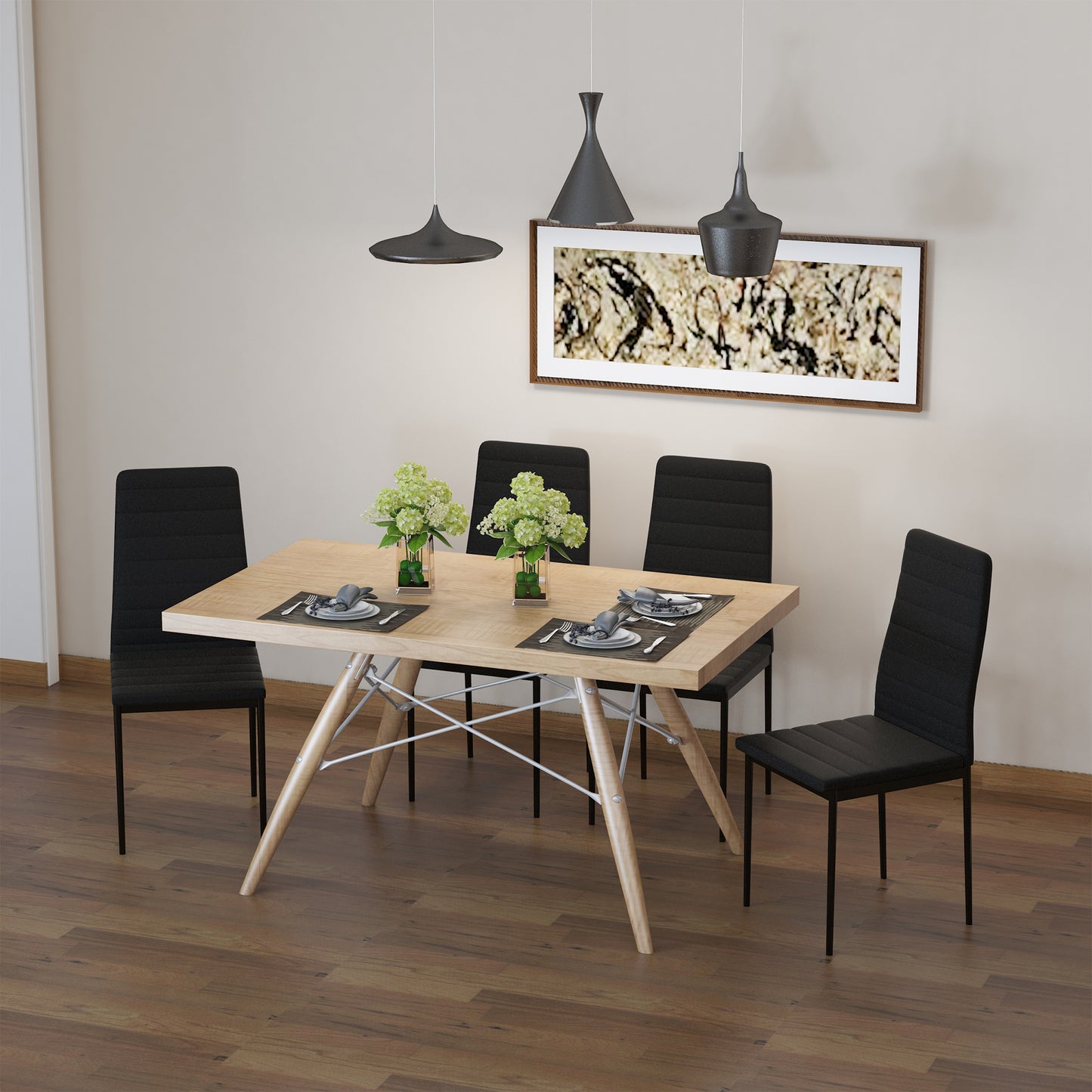 Modern Dining Chairs High Back Upholstered Linen Fabric with Metal Legs for Kitchen Black
