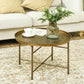 Vintage Coffee Table for Living Room, 24" Round Center Table with Hammered Tray Top and Metal Frame, Gold