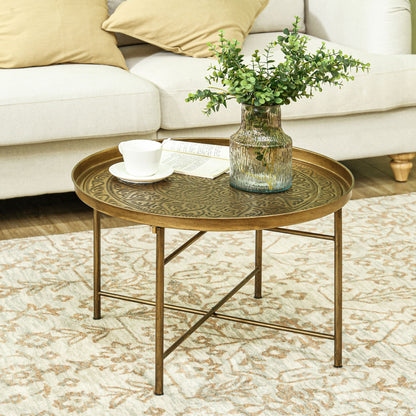 24" Round Coffee Table with Hammered Tray Top