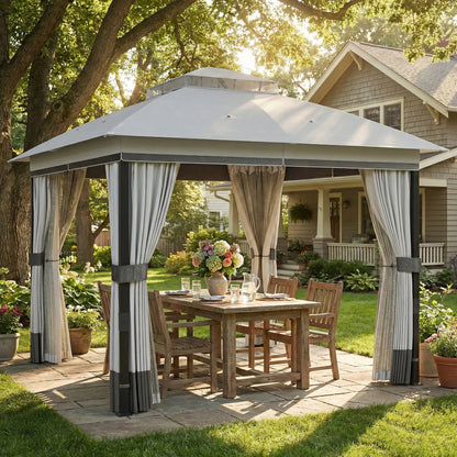 10' x 10' Double Roof Gazebo with Netting and Curtains