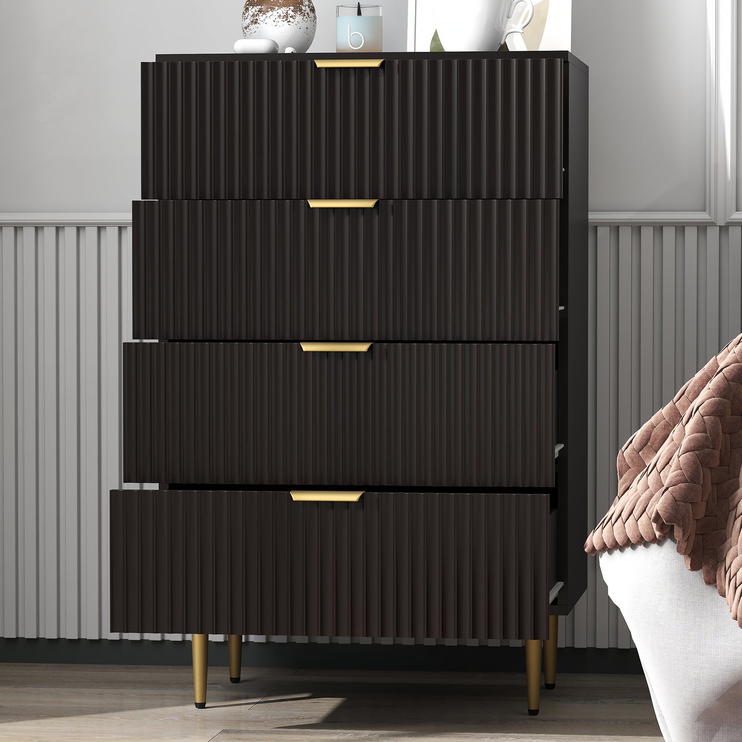 Modern Chest of Drawers 4 Drawer Dresser for Bedroom with Gold Legs and Handles, Black