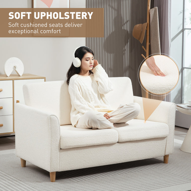 2-Seater Sofa with Armrests & Wood Legs - Cream White