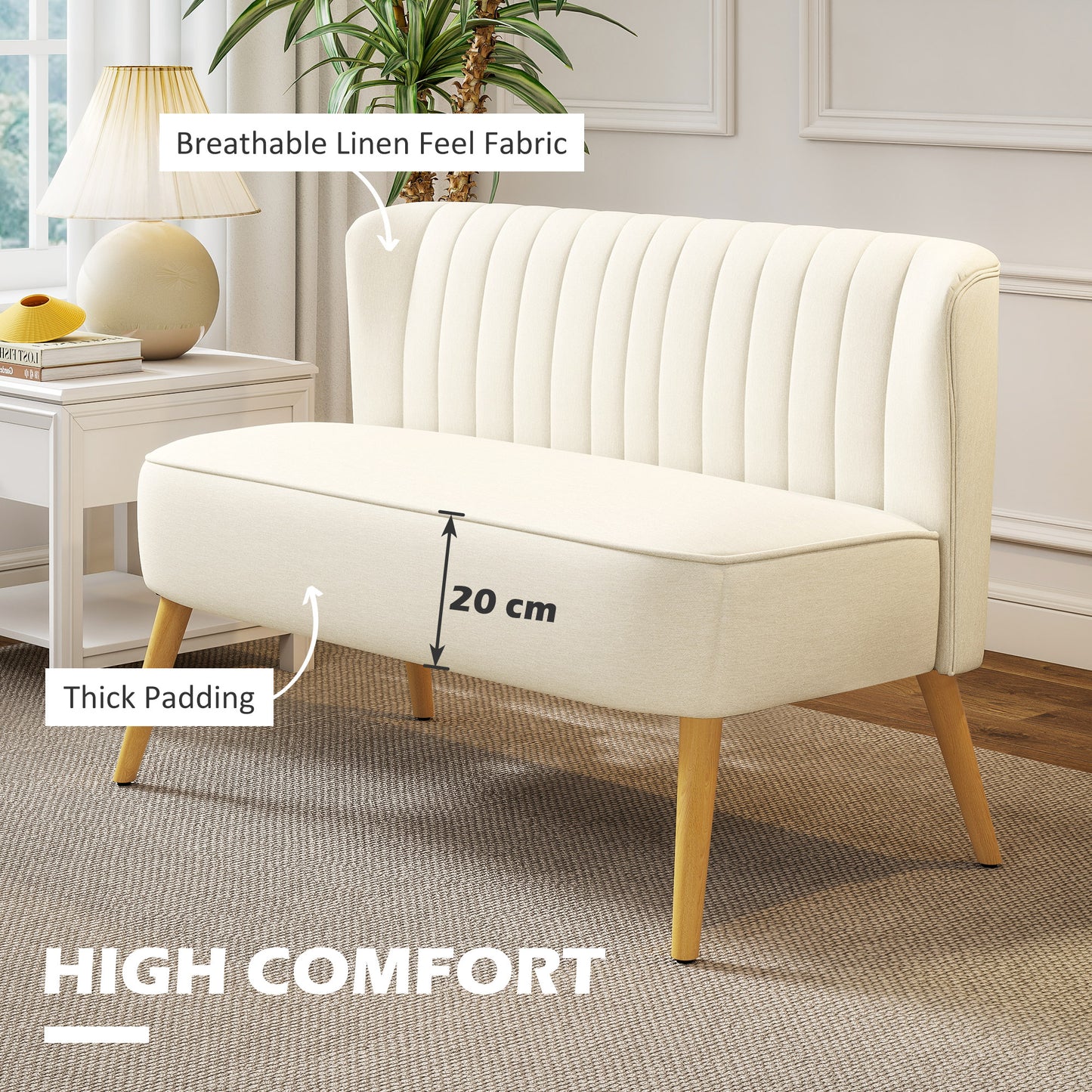 Modern 2 Seat Sofa for Bedroom, Upholstered Two Seater Couch with Rubber Wood Legs, Cream White