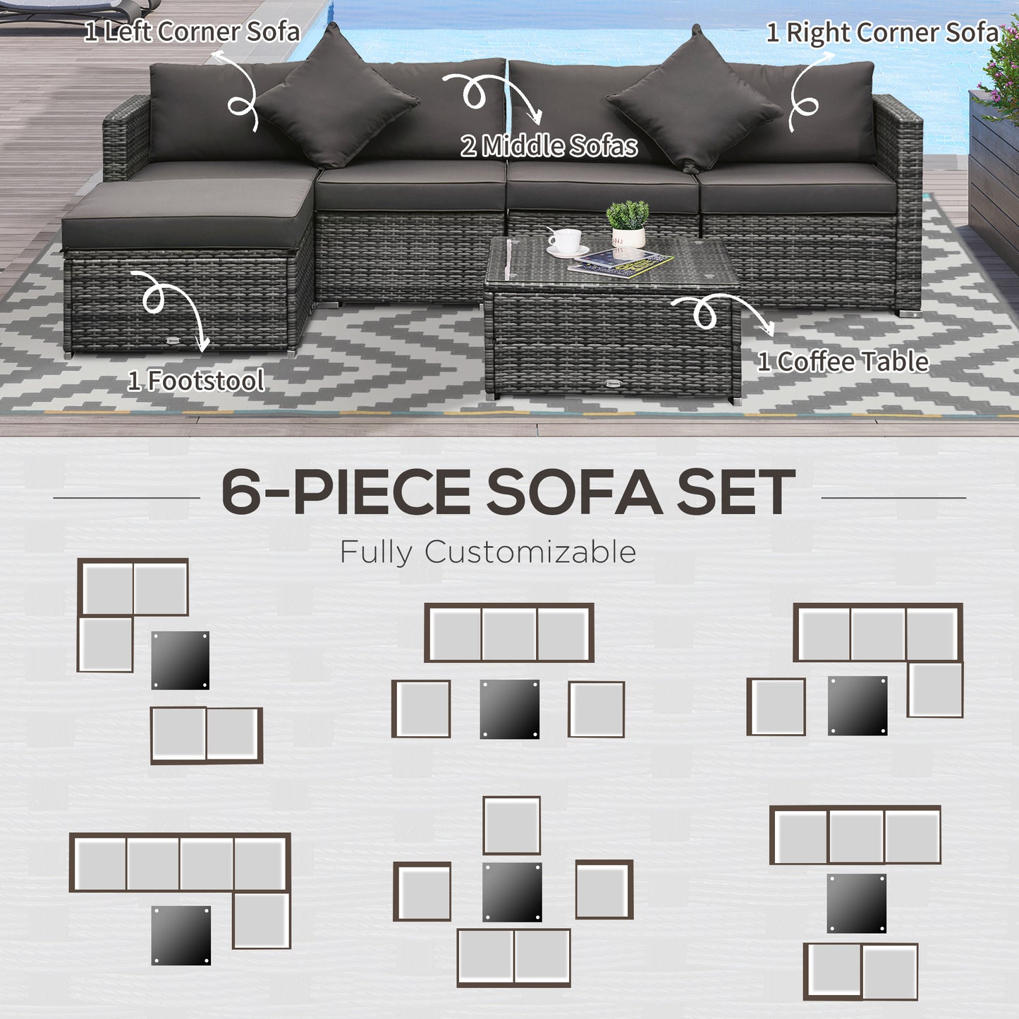 6 Pieces Outdoor PE Rattan Wicker Patio Furniture Sofa Set with Thick Cushions, Deluxe Garden Sectional Couch with Glass Top Table, Mixed Grey and Dark Grey
