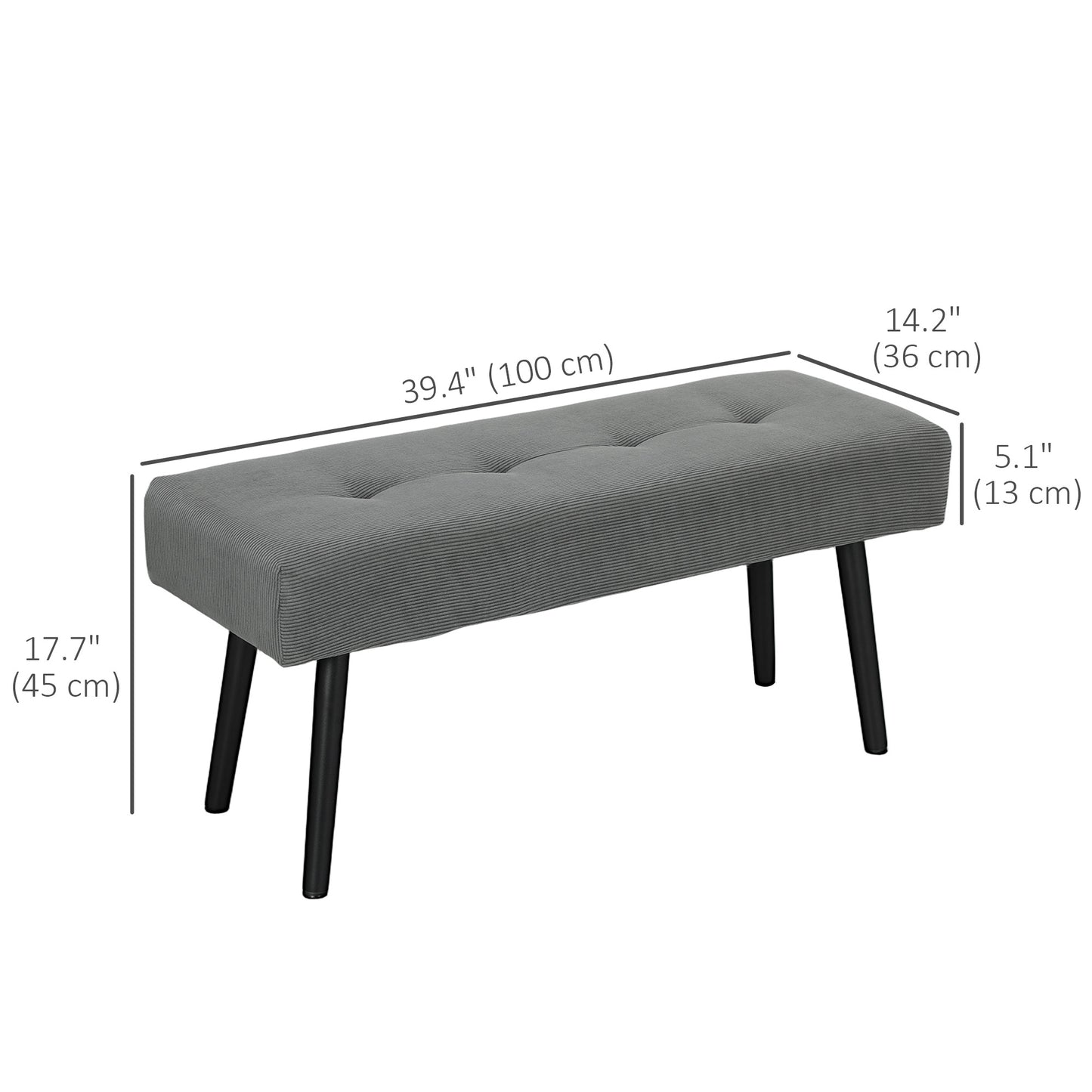 39" Upholstered Ottoman Bench, Corduroy Entryway Bedroom Bench with Padded Seat and Steel Legs for Bedroom, Grey